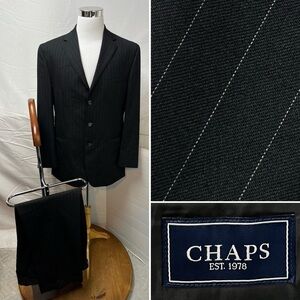 Chaps Ralph Lauren Men's 44L Blazer Jacket 38x34 Pants Black Pinstripe Suit